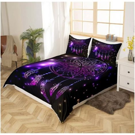 Housse de couette 200x200 cm ensemble de literie violet à motif attrape-rêves tribal exotique mandala plumes pour fille et femme (1/4)