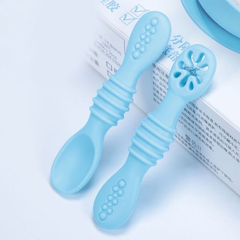 6 cuillères bébé en silicone souple sans BPA, design ergonomique pour nourrisson, couleurs pastel bleu rose marron (1/5)