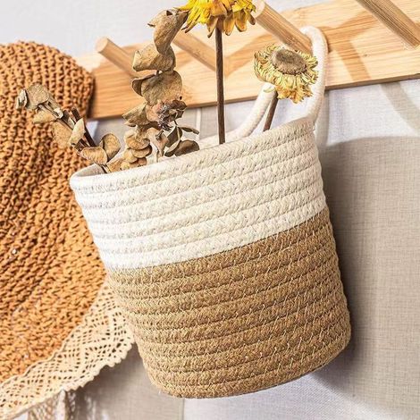 Panier suspendu fait main blanc et marron, corde en coton 1615cm, adapté à une fixation murale, avec crochets, parfait (1/5)