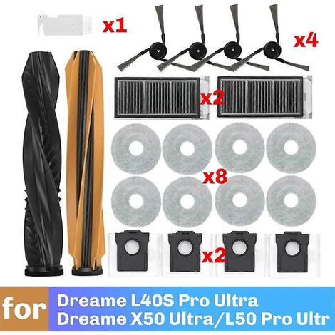 Pièces détachées pour Dreame X50 Ultra/L50 Pro Ultra/Dreame L40S Pro Ultra : brosse principale, filtre, lingette, sacs à poussière et accessoires