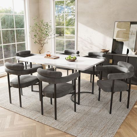 Ensemble Tisch und 6 Essstuhle, Sitzflachen aus Samt, Metallgestell, Dunkelgrau und Weiss (1/2)