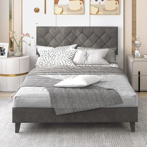COSTWAY Estructura de Cama Tapizada, 200 x 140 cm, Marco de Cama con Cabecero Acolchado, Somier de Láminas de Madera Carga 450kg (1/5)