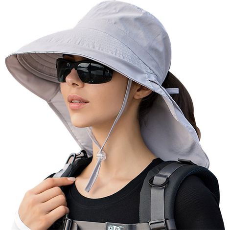 Chapeau de soleil unisexe - Chapeau de jardin pliable - Large bord avec protection pour la nuque - Jugulaire intégrée - Idéal pour le jardinage et les activités de plein air - Gris clair - 1 pièce (1/5)