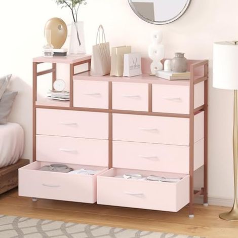 Commode 9 tiroirs rose - rangement tissu 9 poches - pieds réglables - charge 45kg - chambre salon entrée dortoir - 99×30×86 cm