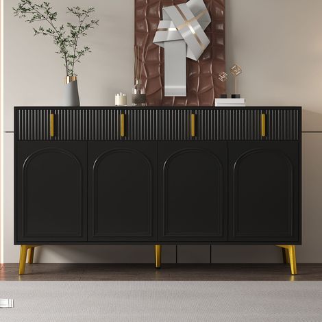 Credenza - 140 x 38 x 82 cm - 4 ante e 4 cassetti - Design moderno con maniglie e piedini dorati - MDF - Elegante finitura nera (1/5)