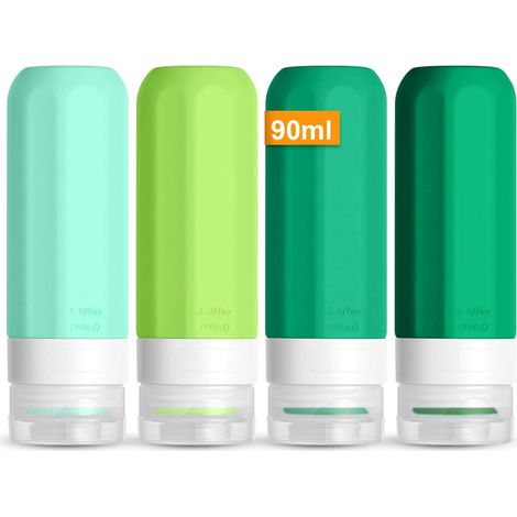 4 x 90 ml Airplane Travel Bottles Waterproof Silicone Travel Kit Toiletry Product Small Empty Bottle Tourism Accessory for Shampoo, Lotion, Shower Gel Cream, Cosmetics, Green (1/5)