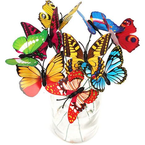 50 papillons décoratifs, tige métallique 25 cm, envergure 7 cm, résine et plastique, pour jardin, balcon, intérieur et extérieur (1/5)