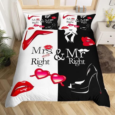 Mr Mrs Parure de Lit 140x200cm pour Couple His and Her Parure Housse de Couette Noir Blanc Creative Funny Quotes Housse de Couette Sexy rouge Mouth Room Decor Romance Valentine Day Collection - 140 x (1/5)