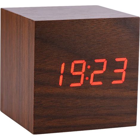 Réveil numérique avec affichage de l'heure LED - Commande vocale - Petite horloge électrique en bois pour chambre à coucher, table de chevet, bureau (bois marron + lumière rouge) (1/5)