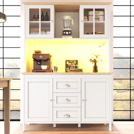 Buffet, armoire de rangement, meuble de cuisine, buffet haut avec éclairage LED, 120 x 40 x 179 cm, 4 portes et 3 tiroirs, blanc/noir (1/5)