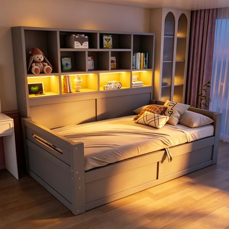 Lit banquette enfant en bois 90x200 cm avec rangement hydraulique, lit simple avec étagères, éclairage LED et prises, sommier à lattes, MDF, Gris (1/5)