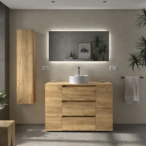 Cygnus Bath – Ensemble de meubles de salle de bain 120cm – Vasque à poser en porcelaine blanche – Tiroirs à fermeture amortie – Finition chêne (1/5)