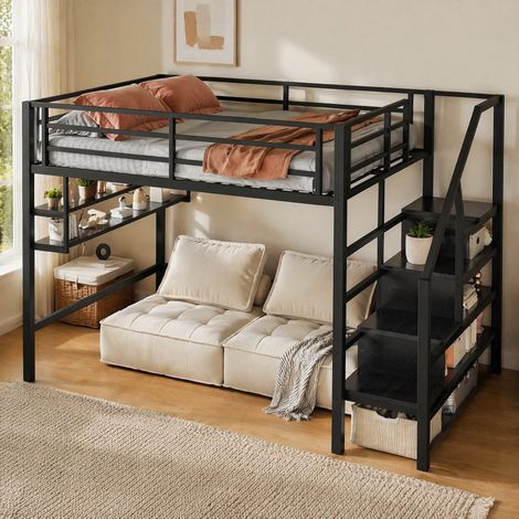 Letto soppalcato per bambini 140x200 cm in metallo nero con contenitori salvaspazio FloraGrace (1/5)