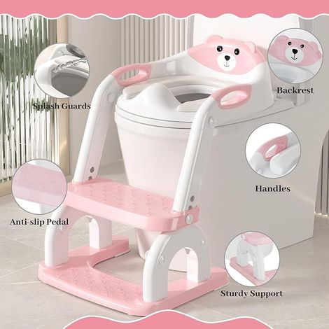 Reducteur Toilette Enfant，Pliable Réducteurs De Toilettes Avec Escalier, 2 en 1 Rehausseur Toilette Enfant，Réglable en Hauteur et Portable，Adapté aux Toilettes en Forme de V, U, O (Rose) (1/5)
