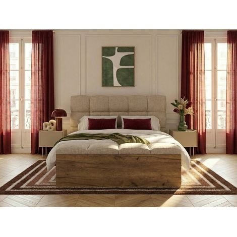 BOBOCHIC - Lit KUMO tissu texturé lattes massives pieds en bois naturel + Bout de lit KUMO tissu texturé  160x200 Beige