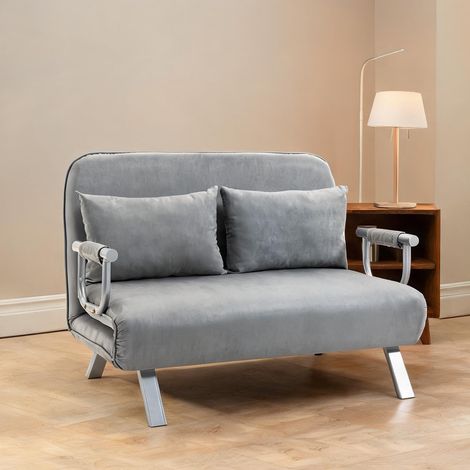 Canapé convertible 2 places en tissu gris clair avec dossier (1/5)