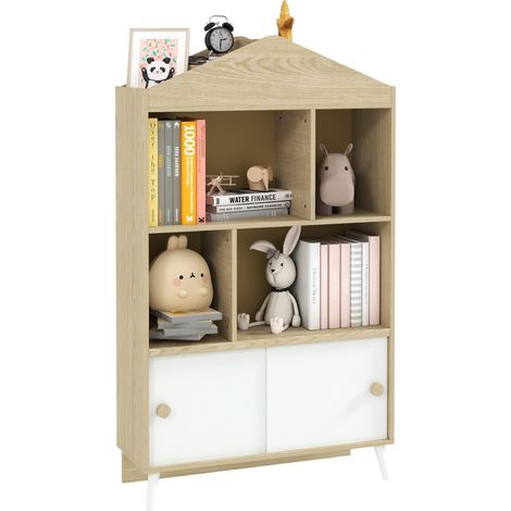 Bibliothèque enfant en bois avec étagères ouvertes et placard inférieur, 80 x 30 x 140,5 cm, blanc et bois. (1/5)