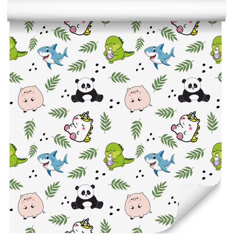 Papier peint animaux blanc, gris clair, vert et citron vert 50x1000 cm (1/5)
