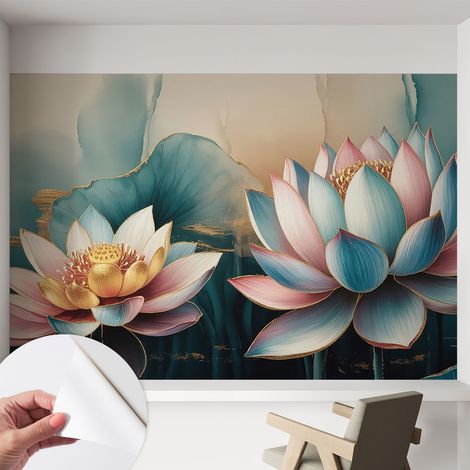 Papier peint adhésif avec colle pour décoration moderne de salon chambre à coucher cuisine et bureau Facile Lotus de l'harmonie 152x104 cm (1/5)
