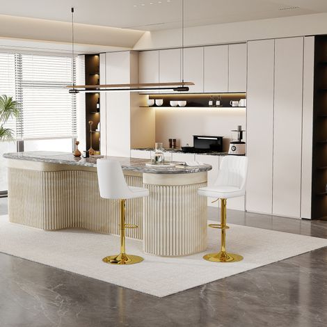 Tabourets bar – Lot 2 – Réglables – Pivotants 360° – Similicuir blanc – Pieds dorés – Îlot cuisine/comptoir (1/5)