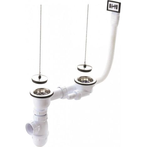 Komplette Abflussanlage für Spüle aus Sandstein/Synthese, 2 Becken mit Siphon und Überlauf Ø84 - Bohrung 60mm (1/2)