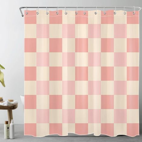 Rose Rose à Carreaux Rideaux de Douche 180x180cm Beige Plaid Rideaux de Bain avec Crochets,Géométrique Abstrait Imperméable Polyester Anti Moule Salle de Bain Décor (1/5)