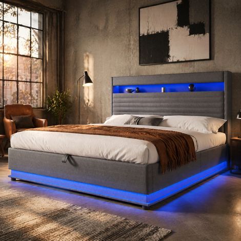 Cama tapizada 218x182x113.5 cm, almacenamiento hidráulico, LED y USB Tipo C, lino gris (1/5)