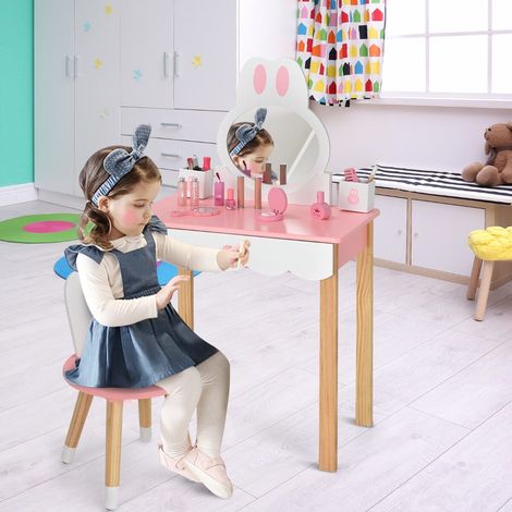 Coiffeuse enfant rose en MDF avec miroir amovible, tabouret, tiroir et 2 rangements pour chambre et salle de jeux (1/5)