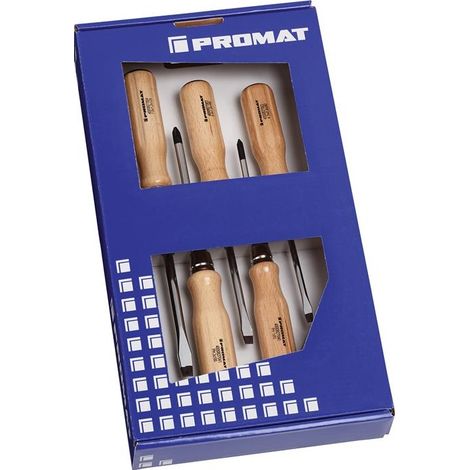 Jeu de tournevis 5 pièces fente manche en bois lame ronde avec embout 6 pans PROMAT (1/3)