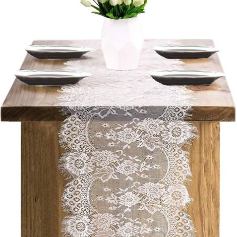 Chemin de table en dentelle brodée, décoration mariage, anniversaire et fête, tissu ajouré élégant, Composition : 36 × 300 cm, Couleur : blanc (1/5)