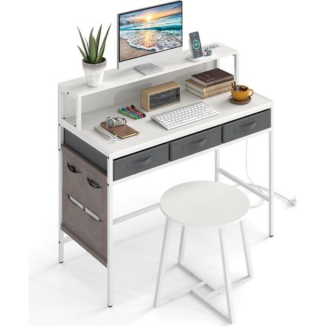 COSTWAY Toeletta Trucco con Stazione di Ricarica, Set Tavolo Trucco e Sgabello con Supporto per Monitor, 3 Cassetti, Tasche Laterali, per Soggiorno Camera da Letto (Bianco) (1/3)