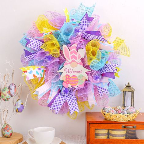 Guirlande En Maille - Panneau En Bois Lapin De Pâques - Décoration Porte Mur Extérieur Intérieur - 40 Cm - 1 Pièce (1/5)