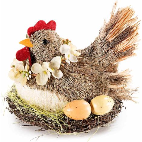 Gallinella pasquale in nido di fibra naturale con uova e ghirlanda di fiori, set da 2 pezzi, cm 18 x 20 x 16 H