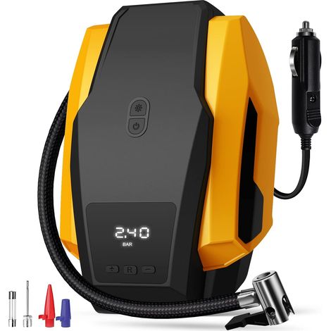 Gonfleur Pneu Voiture, Compresseur d’Air Portatif 12V, Compresseur Voiture d'air Digital Portable Auto Gonfleur Pneus, Electrique Compresseur Air avec Lampe LED, Adaptateurs De Valve (1/5)