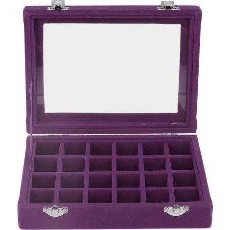 Petite boîte à bijoux en velours violet à 24 compartiments, avec cadenas, idéale pour ranger boucles d'oreilles et bagues. (1/5)