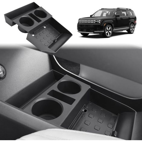 Compatible avec la console centrale de la Hyundai Santa Fe MX5 2024, 2025 et 2026, boîte de rangement, organiseur sous la console centrale, caoutchouc TPE, pliable, avec porte-gobelet, compatible avec (1/5)