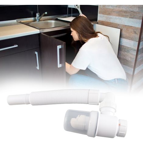 Sifón flexible de 90° para lavabos, 400 g, manguera de ABS blanca con función antiobstrucción y cierre magnético. (1/5)