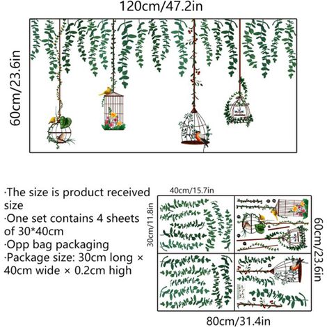 Stickers muraux amovibles motif oiseaux, vigne, branches d'arbre, cage à oiseaux, plantes, papier peint jungle pour la décoration de la maison, de la chambre et du salon. (1/5)