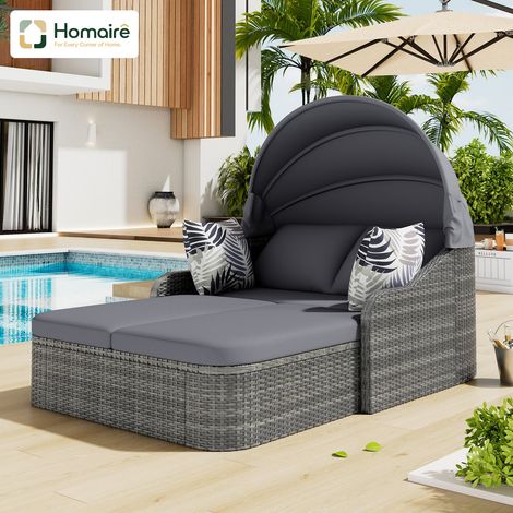HOMAIRE Sonneninsel Gartenlounge Set PE-Rattan mit verstellbarem Baldachin Allwetter-Terrassen-Sonnenliege Doppel-Lounge Grau (1/5)