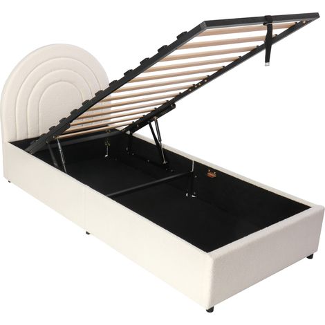 Cama con arcón 90 x 200 cm en tejido bouclé beige con cabecero y somier de láminas (1/5)