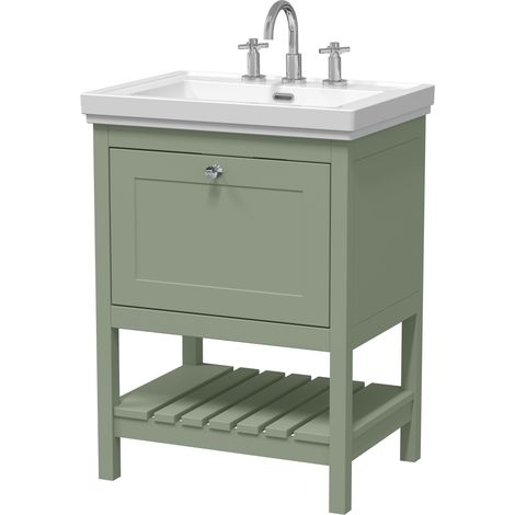 Balterley Coppenhall Traditional Bathroom 1 Soft Close Drawer Floor Standing Vanity Unit Basin, Fern Green, 630mm (1/4)