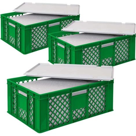BRB 3x Thermoboxen in Stapelkorb mit Deckel, LxBxH 600x400x240 mm, EPS (grün)