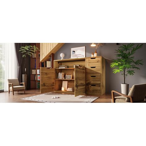 Buffet effet chêne 150 cm en MDF et métal avec niche ouverte, 2 portes, 4 tiroirs et étagères réglables pour salon et entrée (1/5)