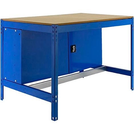 SimonRack Banco da Lavoro da Officina con Armadietto, Portata 400 kg, 842x910x610 mm, Tavolo da Lavoro, Blu/Legno – Bt-0 (1/3)