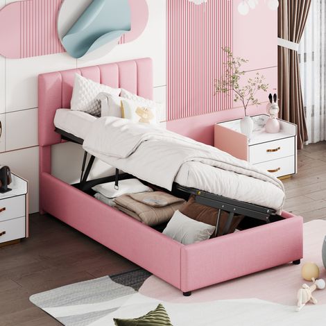Letto per bambini 90x200 cm rosa in lino imbottito con contenitore idraulico (1/5)