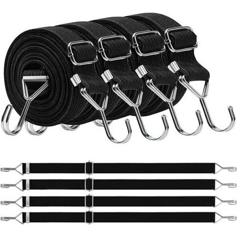 Lot de 4 tendeurs réglables en Caoutchouc avec Crochets, Extra résistants, avec Crochets en métal, 200 cm, Plats, Noirs, idéal pour Le Transport, l'emballage et la sécurisation des Charges (1/4)