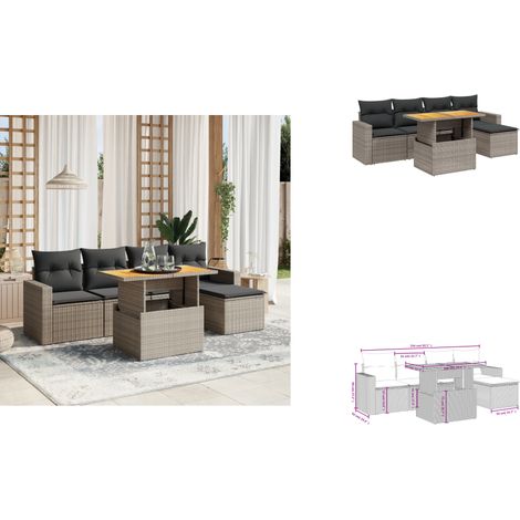 Salon de jardin 6 pcs avec coussins gris résine tressée - Ensemble Salon De Jardin - Meuble Extérieur - Résine Tressée - Rotin Synthétique - Table Extensible (1/3)