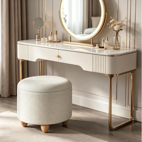 Pouf contenitore rotondo 39 x 39 x 33 cm bianco crema con vano portaoggetti HAVRYA (1/5)