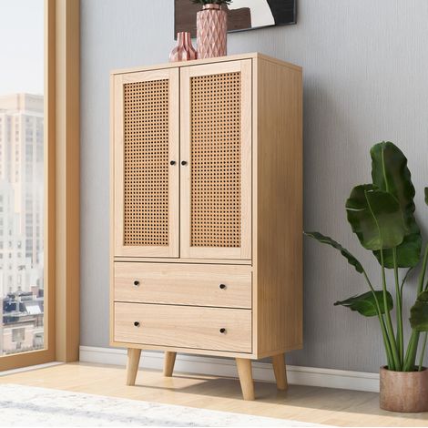 Aparador de madera clara con 2 puertas y 2 cajones, frente de resina trenzada, 60 cm de ancho, ideal para salón o comedor, fácil de montar y limpiar CHICFURN (1/5)
