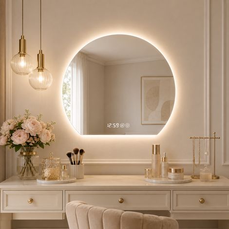 Miroir LED Rond 80 cm avec Antibuée, 3 Températures de Couleur et Intensité Réglable, Sécurité Verre Trempé, pour Salle de Bain et Chambre, Argent (1/5)